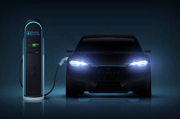 电动车收费。现实的汽车充电电池在<strong>车站</strong>.汽车与发光前灯充电蓄电池.绿色能源概念。病媒创新运输技术
