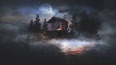 夜景奇景与抽象的高山和岛上的水，木制房子的海岸，月光，雾，夜灯。3D 
