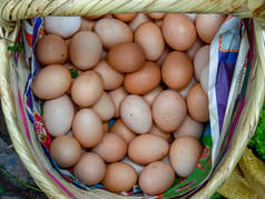在哥伦比亚中部安第斯山脉殖民地小镇Villa de Leyva的当地市场上拍摄到的传统篮子里有一堆自由放养的鸡蛋.