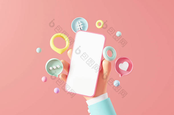 3D商务人士手持空白<strong>手机</strong>，有爱心，如粉色背景上的注释标签按钮，3D<strong>插图</strong>。社交媒体营销概念