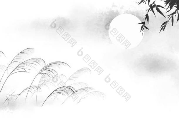 风中的草叶和竹叶.传统东方水墨画苏美，苏新，高华。象形文字的翻译-永恒.