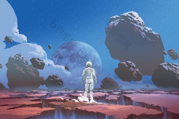 一个宇航员独自站在一个荒芜的星球上，数码艺术风格，绘画插图