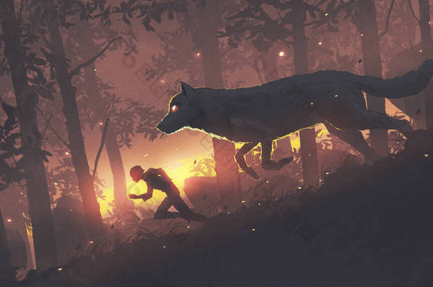一个男人和他的<strong>传说</strong>中的狼跑在森林里，数码艺术风格，插图绘画