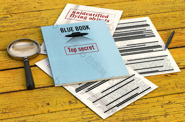蓝皮书计划（Project Blue Book）是美国空军对不明飞行物体进行系统研究的代号。解密文件和文件，在桌子上的绝密文件。3d渲染 