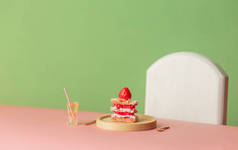 甜蛋糕，粉色桌子上的饮料，绿色背景
