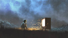 男孩儿看古旧电视的夜景，闪烁着光芒和火花，数字艺术风格，插图绘画
