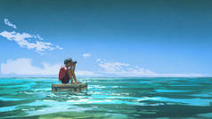一个拿着双筒望远镜的男孩坐在漂浮在海面上的手提箱上，一副数字艺术风格的图画