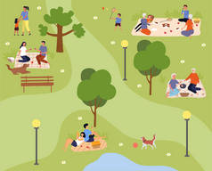 一群可爱的人命令大家一起在夏季的城市公园里消磨时间