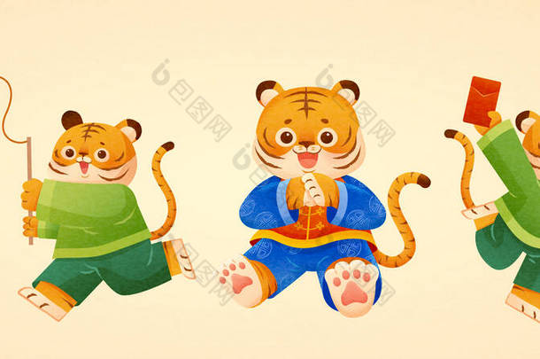 CNY黄道带动物的可爱老虎。三只穿着传统服装的胖胖的老虎手绘插图，它们会玩爆竹，会握着手问候语，并在春节收到好运