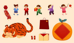 2022年中国虎年元素。亚洲孩子穿着传统服装、黄道带动物的老虎和春节期间的物品的手绘图解