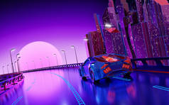 未来的夜城背景。3D插图