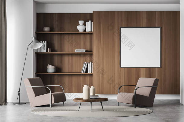 在一间有棕色扶手椅、咖啡桌和水泥地板的客厅里，在黑暗的木制书柜上的空的正方形帆布。把它弄坏了现代室内设计的概念。3d渲染