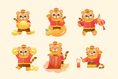 为CNY设置老虎角色设计。一只老虎抱着写着好运的对联，另一只则拿着写着新年快乐的纸卷打招呼 