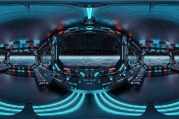 HDRI全景的深蓝色宇宙飞船内部与窗户。未来航天器机房三维绘制高分辨率360度全景反射绘图