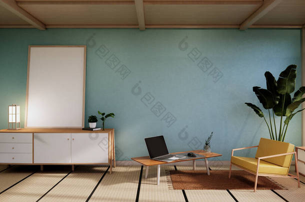 橱柜造型，最小薄荷客厅，折叠床地板和扶手椅设计。 3D渲染