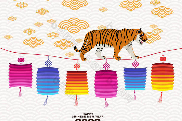 光彩夺目的中国新年灯笼和背景。虎年。。中国农历2022年，虎年快乐
