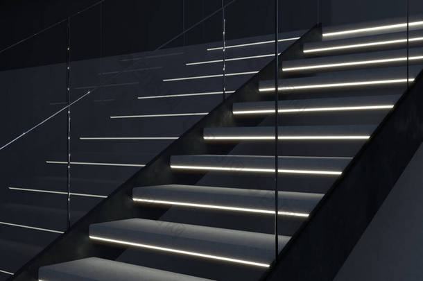 3d在每一步中嵌入带有条状照明的金属和混凝土楼梯的渲染