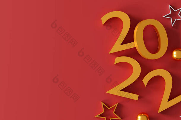 圣诞节快乐，<strong>2022</strong>年是新的一年。红色礼品盒，金色的球，金色的星星，<strong>2022</strong>年3D文字和圣诞装饰的红色背景。顶视图。平躺在床上3D插图 