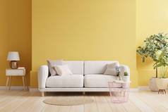 黄墙客厅有沙发和装饰，3D渲染