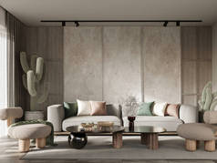 现代客厅设计与现代家具和大仙人掌。墙体模拟概念，3D渲染 