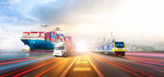 全球商业物流进出口和集装箱货轮、货运列车、货机、集装箱卡车在公路上的城市背景及仿制空间、运输业理念
