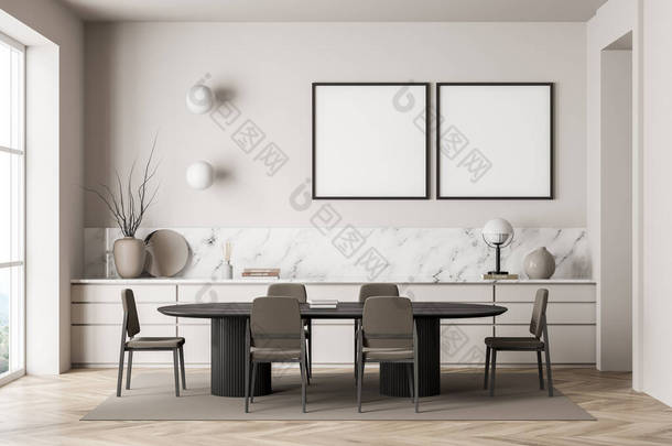 餐厅内部有两个正方形的油画，有椭圆形的黑桌、椅子、有大理石细节的超大餐具柜、灯和餐篮地板。现代室内设计的概念。把它弄坏了3d渲染