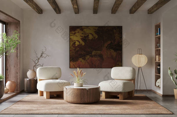 室内设计的<strong>现代化</strong>公寓与扶手椅，咖啡桌，室内植物和更高的天花板。Wabisabi风格，3D渲染