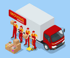 等距移动公司工人搬运箱和家具,卡车送货.满载家居用品的运货卡车。搬到新家去带货物的箱子。有纸板箱的人.