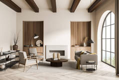 米色客厅，有两个小餐桌，木料，天花板梁，拱窗，现代壁炉和有扶手椅的沙发。斯堪迪室内设计理念的潮流设计.3d渲染