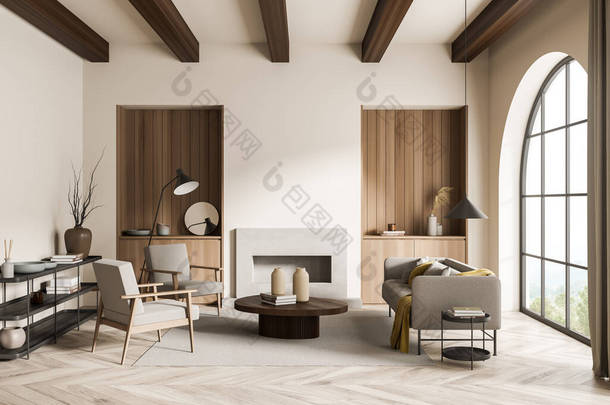 <strong>米色</strong>客厅，有两个小餐桌，木料，天花板梁，拱窗，现代壁炉和有扶手椅的沙发。斯堪迪室内设计理念的潮流设计.3d渲染