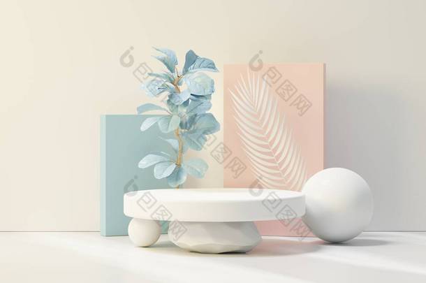 3D渲染的抽象基座讲台显示与热带叶子和蓝色的石灰植物场景。产品和促销概念的广告.蓝色粉刷天然背景.