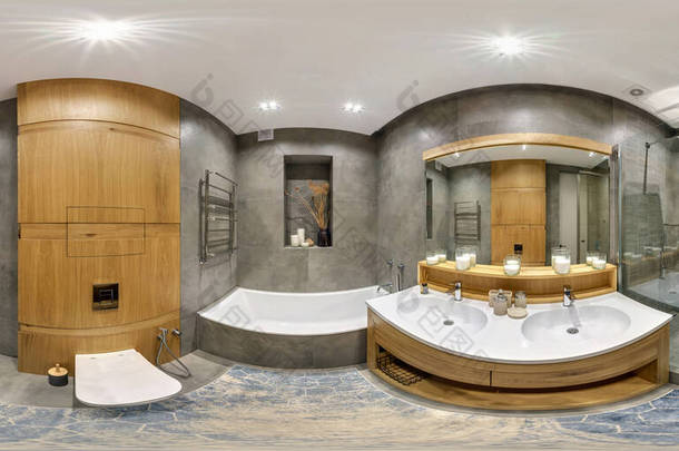 舒适的<strong>360</strong>赫德里全景，在昂贵的浴室的内部，在现代公寓与bidet和洗脸盆在等长方形投影与天顶和地底。VR AR内容