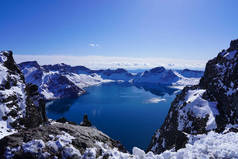 Blue volcanic lake behind snow in the winter, on the north slope of Tianchi Of Changbai Mountain on 