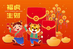 2022 CNY Year of the Tiger card. Illustration of a girl and tiger being happy with the lucky money t