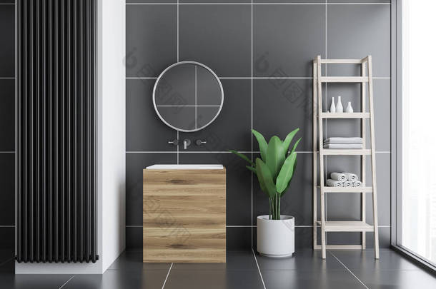 黑色瓷砖浴室内饰与黑色瓷砖地板, 一个木水槽与一个圆形镜子挂在上面。货架。3d 渲染