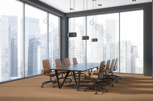 现代办公<strong>会议室</strong>的角落里有全景玻璃窗、棕色地毯和一张长有真皮扶手椅的木制桌子。咨询和董事会概念。3d 渲染复制空间