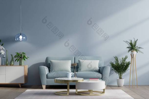 现代客厅<strong>室内</strong>有沙发和<strong>绿色植物</strong>,灯,桌子上的深蓝色墙壁背景.3d渲染