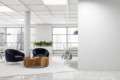 全景会议室的内部设有白色墙壁、混凝土地面、两张带有金属椅子的会议桌及休息区的灰色扶手椅。水彩斑斓的城市景观和空白的墙壁。3d渲染