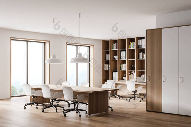 现代<strong>会议室</strong>的拐角处，有白色和木制的墙壁、木制的地板和长长的会议桌。3d渲染