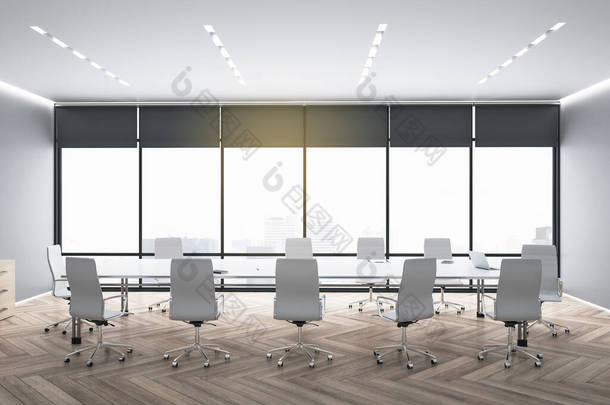 现代宽敞宽敞的生态型<strong>会议室</strong>，有深色木地板、白色家具和巨大的玻璃墙作为窗户，有昏暗的窗帘和城市景观。3D渲染.