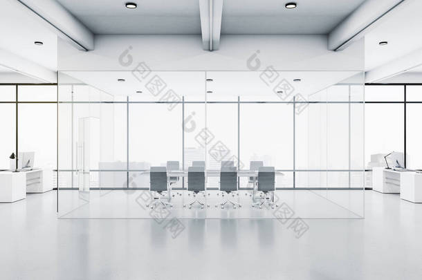 在时尚的<strong>会议室</strong>前面，有玻璃墙，明亮的现代化办公室，有光滑的地板，从大窗户可以看到城市。3D渲染