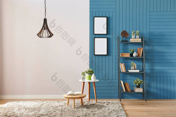 蓝墙和白墙概念与书架框架和灯.