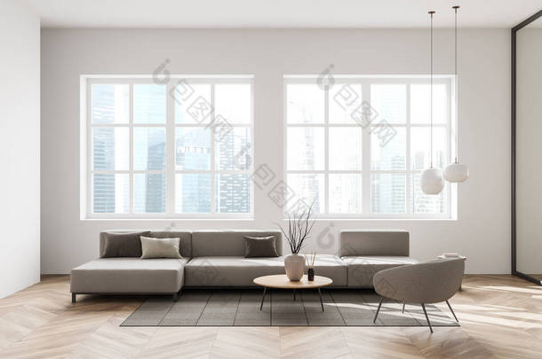有沙发和扶手椅的白色客厅室内，有地毯装饰的咖啡桌，餐篮地板，新加坡<strong>城市全景</strong>窗。最小的访客空间，3D渲染