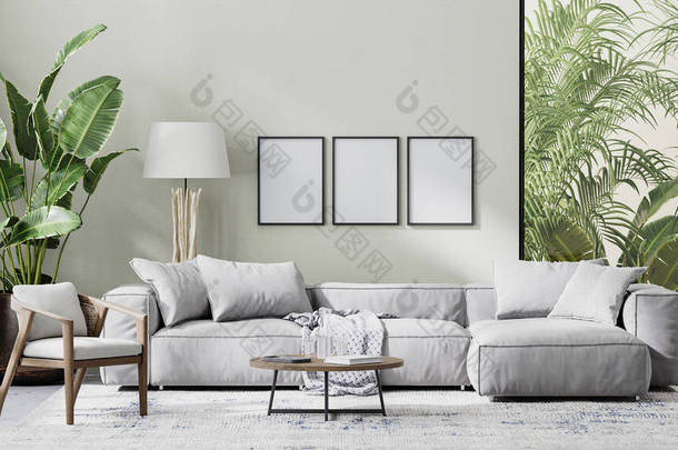 现代客厅内用灰色沙发、木制家具和热带棕榈叶制成的<strong>招贴</strong>画架，3D渲染