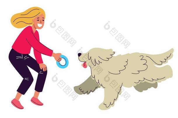 带着狗<strong>散步</strong>的女人，带着宠物在<strong>公园里散步</strong>的女人，用扁平的样式描绘的图案