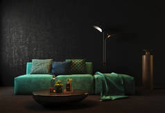 现代深色客厅的内部，有绿色的沙发，枕头，黑色灰泥墙上的灯背景。