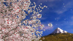 茂盛盛开的樱桃树的特写，开满鲜花，花瓣飘落，富士山在远方。春天季节自然背景3D图解来自我的3D渲染文件.