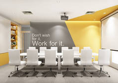 工作区域在现代化的办公室,有地毯地板和会议室的黄色和灰色.内部3d渲染