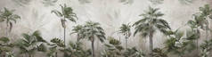 雾蒙蒙的森林壁纸图案中的热带树木和树叶. 3D插图
