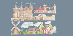 城堡历史建筑中世纪建筑水彩画手绘风车村树木云彩